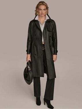 Donna Karan New York Leather Double-Breast Belted  Trench Coat Black Sz XS